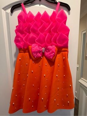 Girls Pink & Orange Party Dress with Pearl Bow